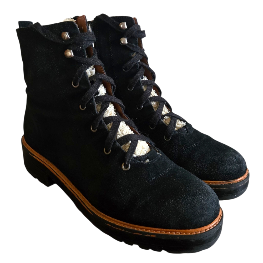 Marc Fisher Izma Shearling Hiker Boots Women Sz 10M Black Suede Lace Up Side Zip